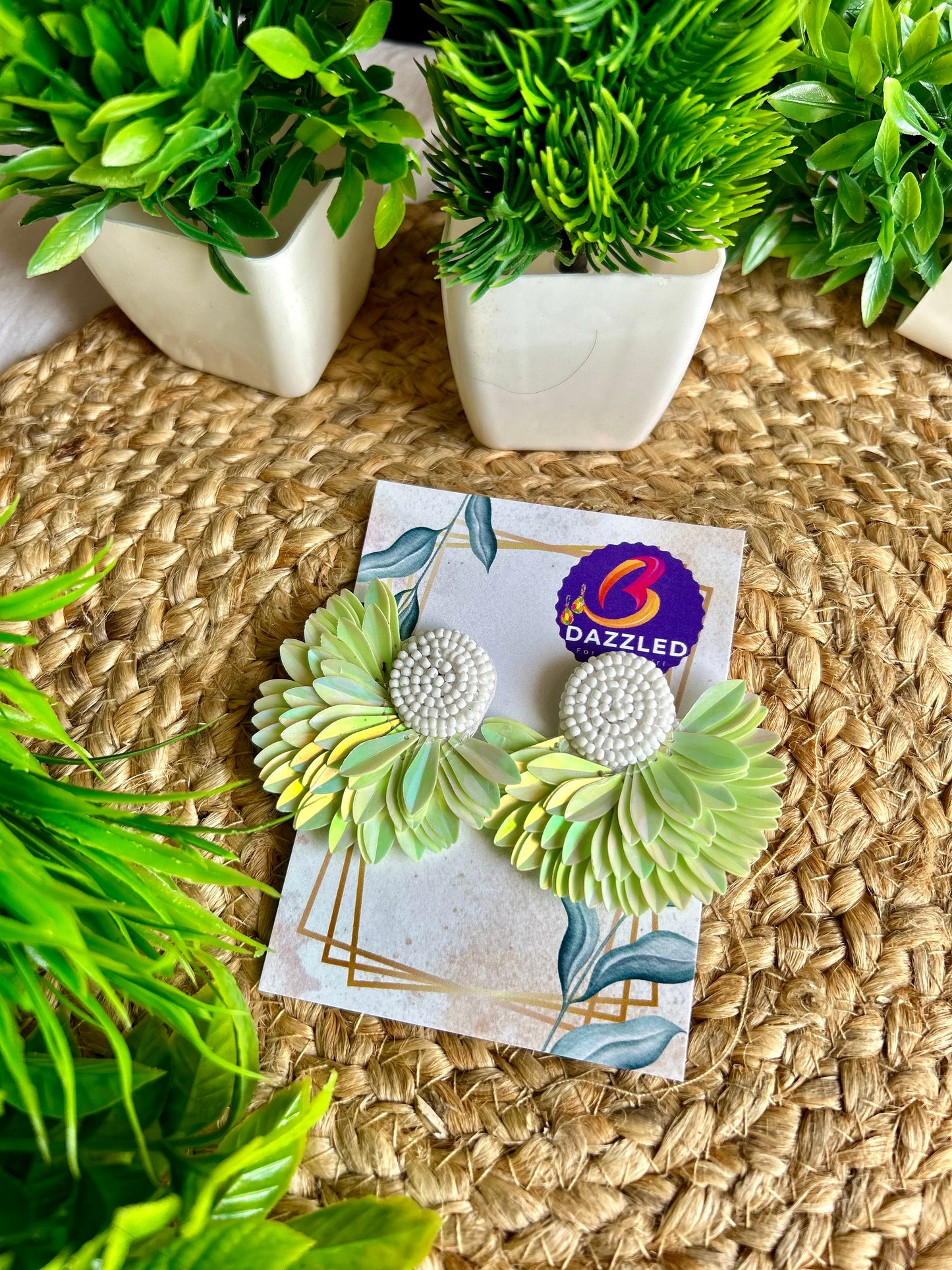 Pista green daisy handmade beaded earrings