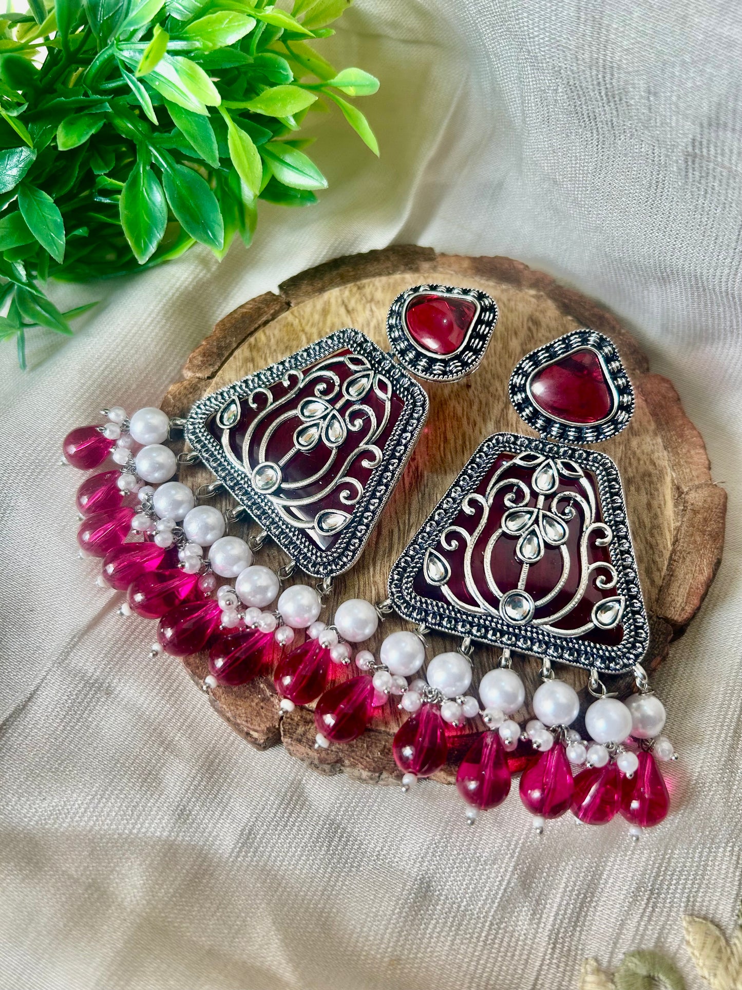 Magenta drops brass earrings