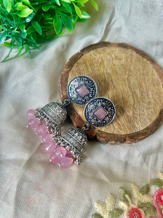 Baby pink metal oxidised earrings