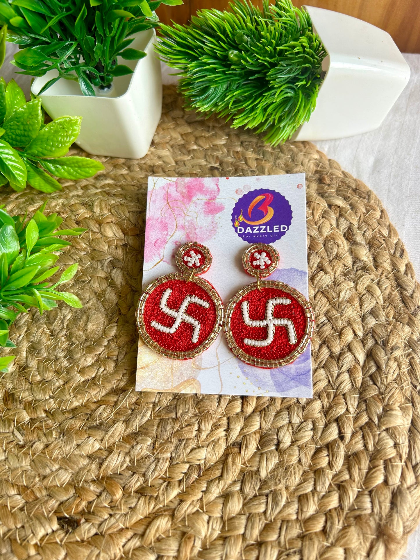 Swastik red handmade beaded earrings
