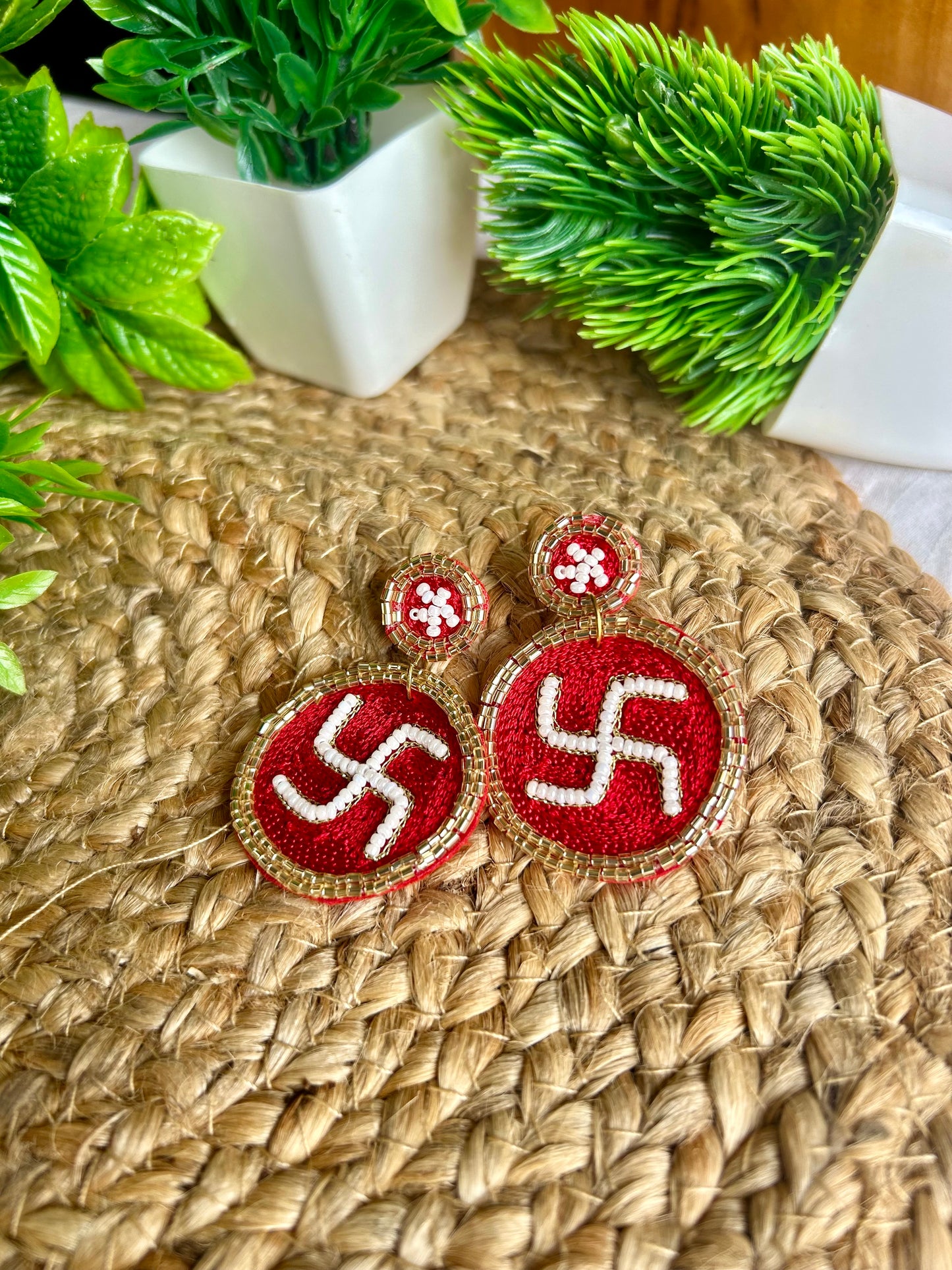 Swastik red handmade beaded earrings
